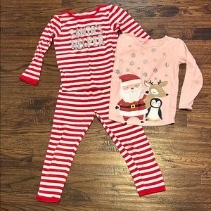 Red and White Striped Pajama Set with Pink Santa Top